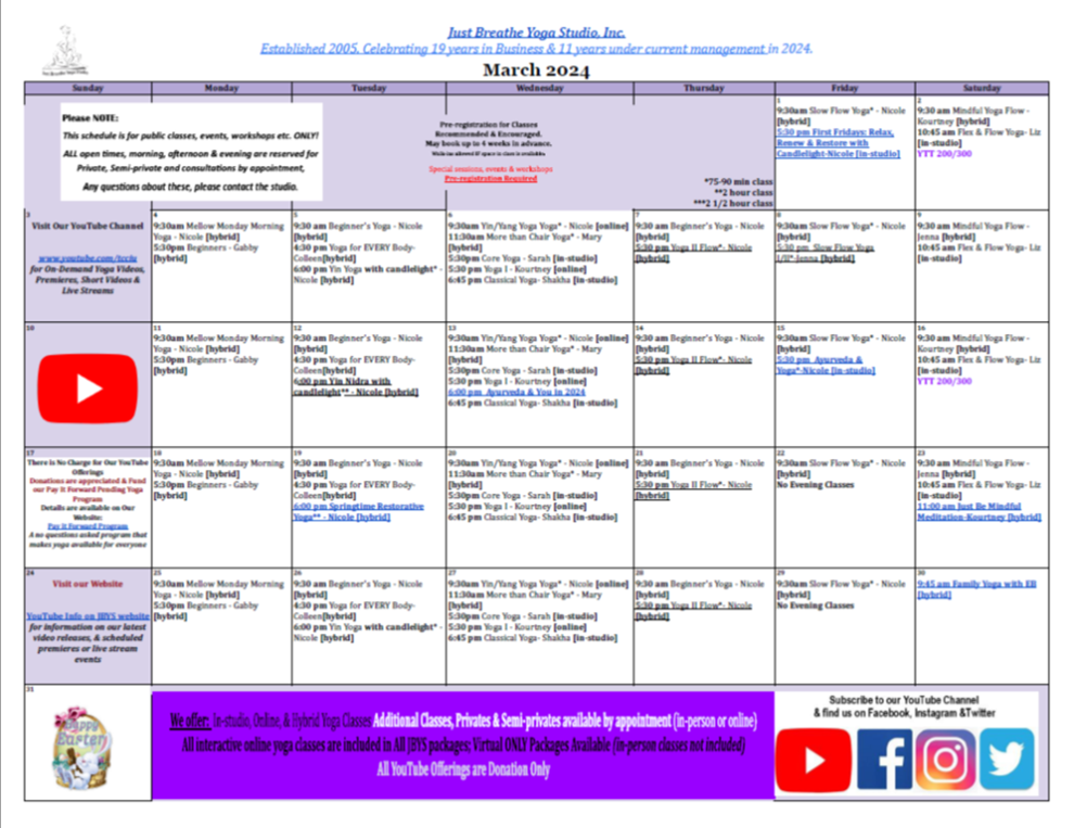 Class Schedule Calendar - Just Breathe Yoga Studio & Registered Yoga School