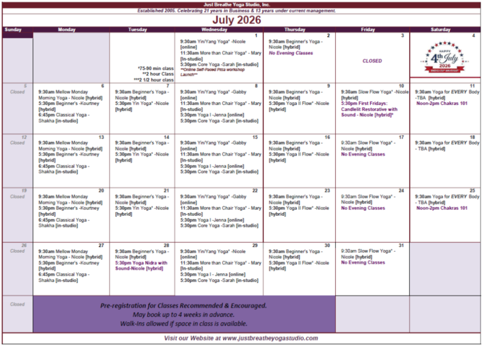 July 2026 Class Calendar