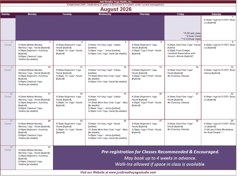 August 2026 Class Calendar