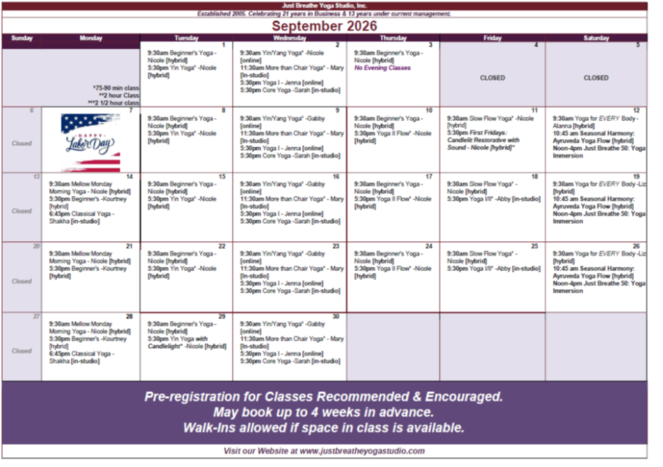 September 2026 Class Calendar