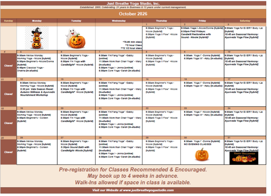 October 2026 Class Calendar
